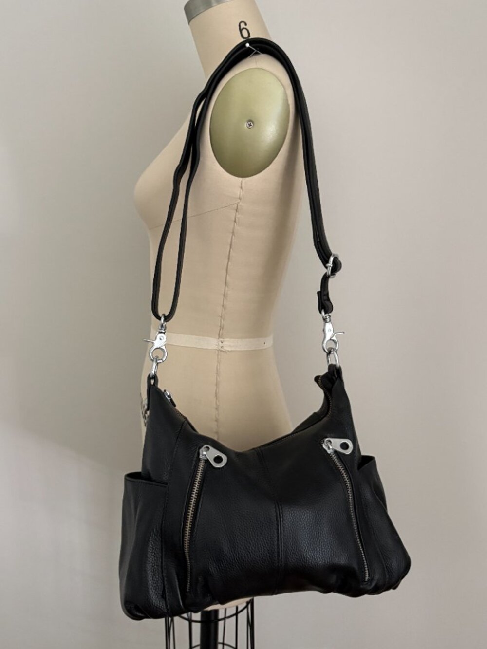 HESHE Black Pebble Leather Slouchy Hobo Shoulder Bag Crossbody Indie Gothic Chic